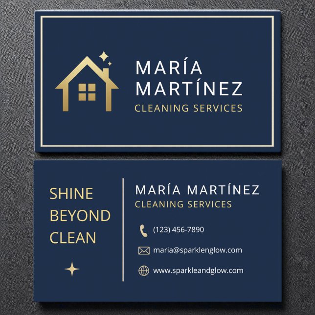 Navy Blue and Gold House Cleaning Services Business Card (Creator Uploaded)