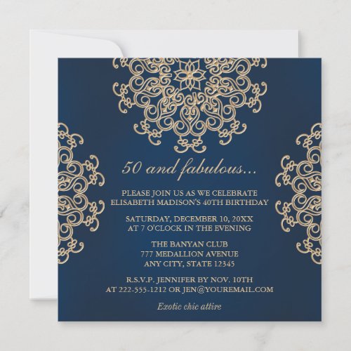 Navy Blue and Gold Indian Style 50th Birthday Invitation