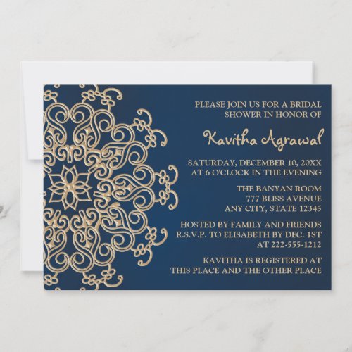 Navy Blue and Gold Indian Style Bridal Shower Invitation