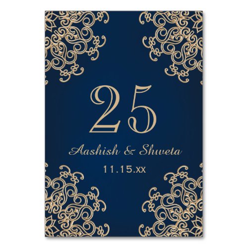 Navy Blue and Gold Indian Style Wedding Number Table Number