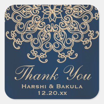 Navy Blue And Gold Indian Style Wedding Thank You Square Sticker by OccasionInvitations at Zazzle