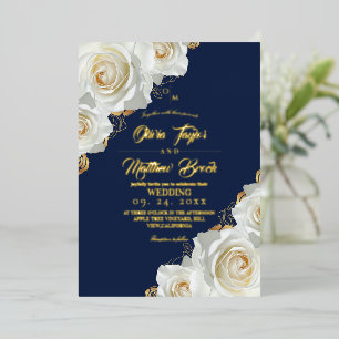 Navy Blue and Gold Ivory Roses Wedding Foil Invitation