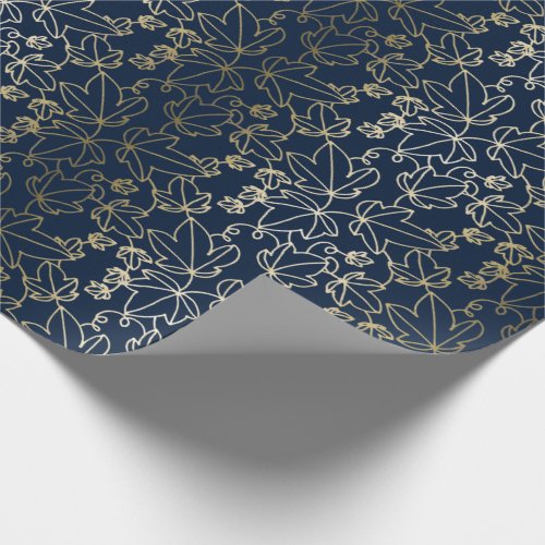 Navy Blue and Gold Ivy Leaf Floral Pattern Wrapping Paper