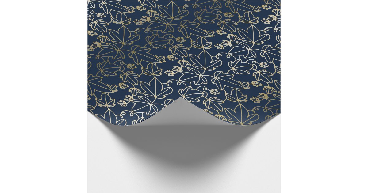 Navy Blue and Gold Ivy Leaf Floral Pattern Wrapping Paper | Zazzle