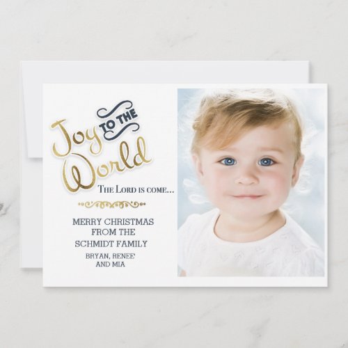 Navy Blue and Gold Joy to World Photo Christmas Holiday Card