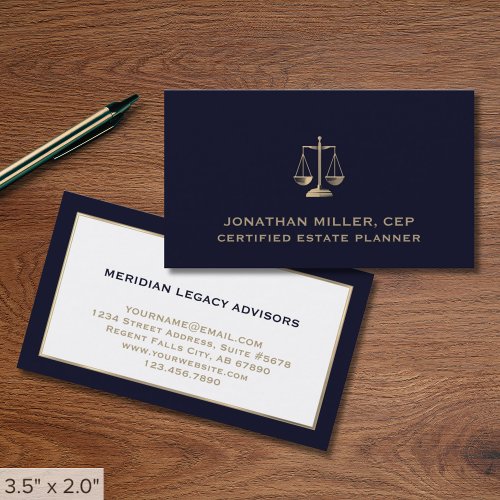 Navy Blue and Gold Legal Justice Scale Business Card