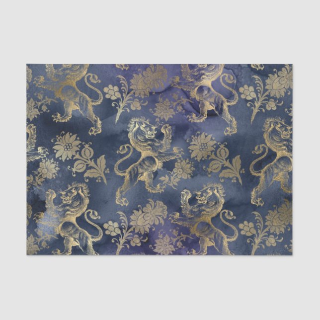 Navy Blue and Gold Lion Floral Tissue Paper (Front)