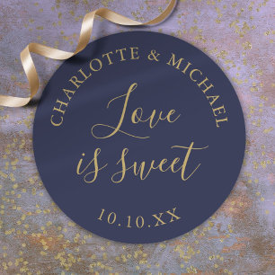 Navy Blue And Gold Love Is Sweet Wedding Favor  Classic Round Sticker