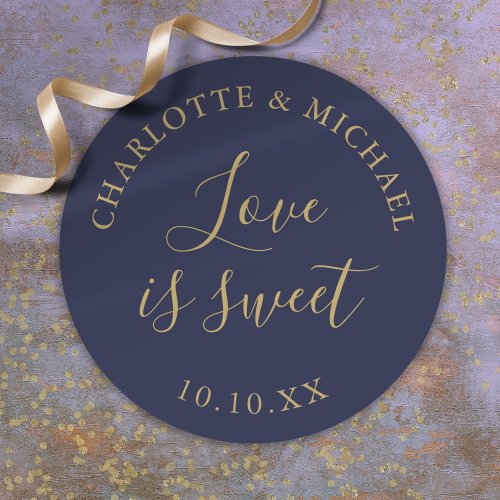 Navy Blue And Gold Love Is Sweet Wedding Favor  Classic Round Sticker