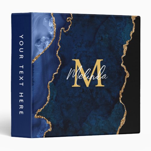 Navy Blue and Gold Marble Agate 3 Ring Binder