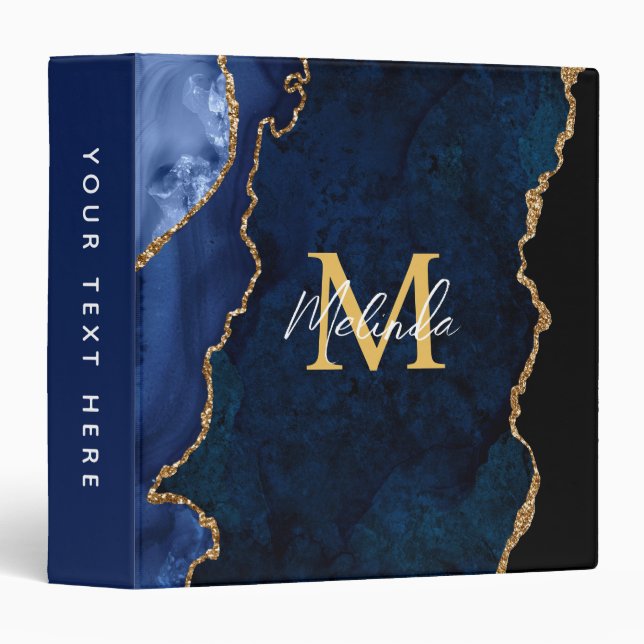 Navy Blue and Gold Marble Agate 3 Ring Binder (Front/Spine)