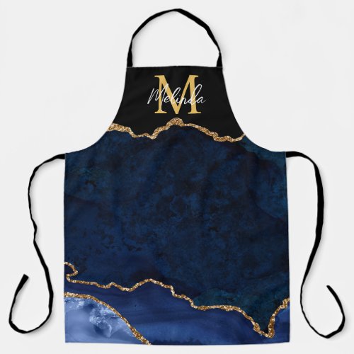 Navy Blue and Gold Marble Agate Apron