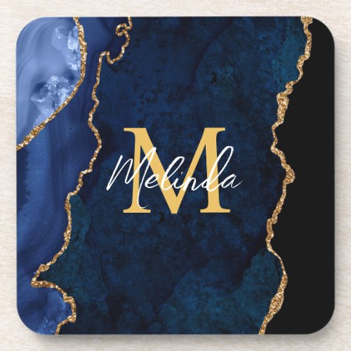 Navy Blue and Gold Marble Agate Beverage Coaster