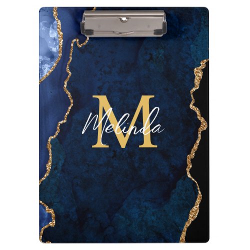 Navy Blue and Gold Marble Agate Clipboard