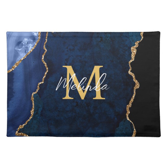 Navy Blue and Gold Marble Agate Cloth Placemat (Front)