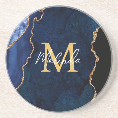 Navy Blue and Gold Marble Agate Coaster