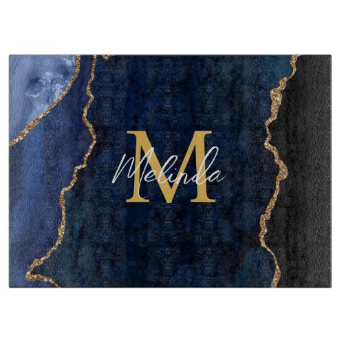 Navy Blue and Gold Marble Agate Cutting Board