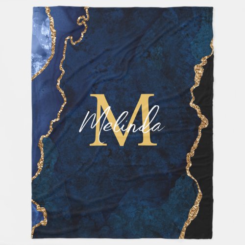 Navy Blue and Gold Marble Agate Fleece Blanket