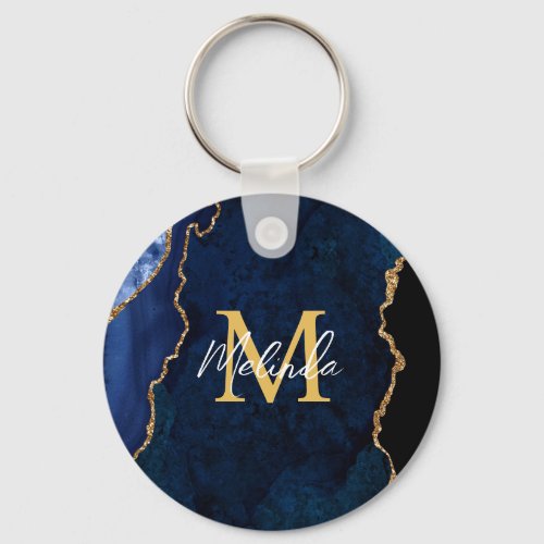 Navy Blue and Gold Marble Agate Keychain