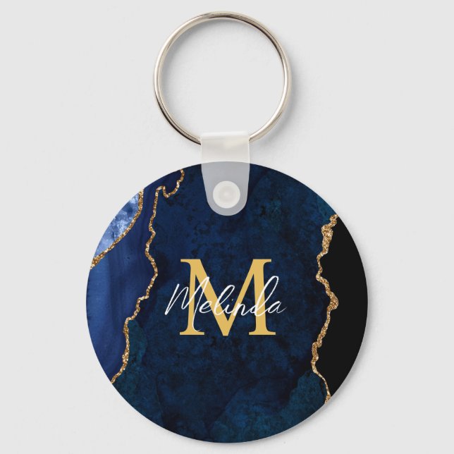 Navy Blue and Gold Marble Agate Keychain (Front)