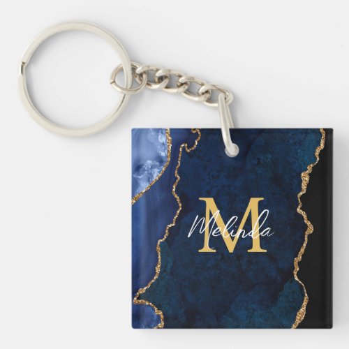 Navy Blue and Gold Marble Agate Keychain