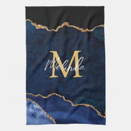 Navy Blue and Gold Marble Agate Kitchen Towel