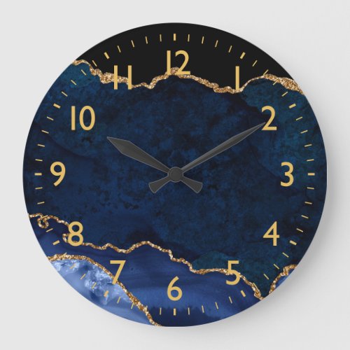 Navy Blue and Gold Marble Agate Large Clock