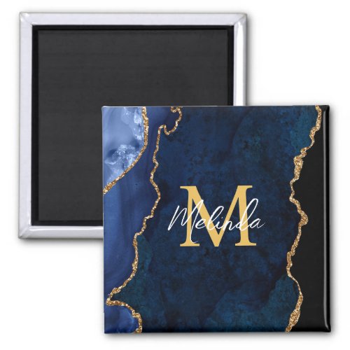 Navy Blue and Gold Marble Agate Magnet