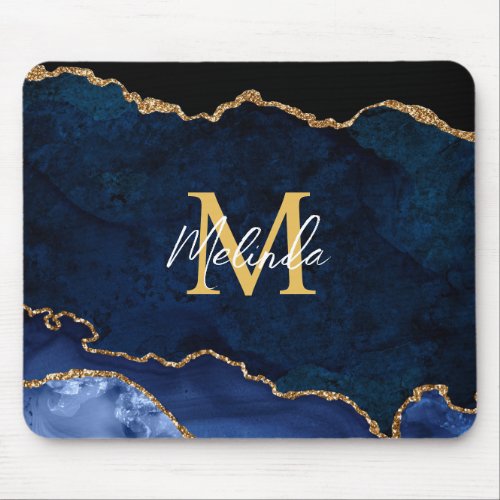Navy Blue and Gold Marble Agate Mouse Pad