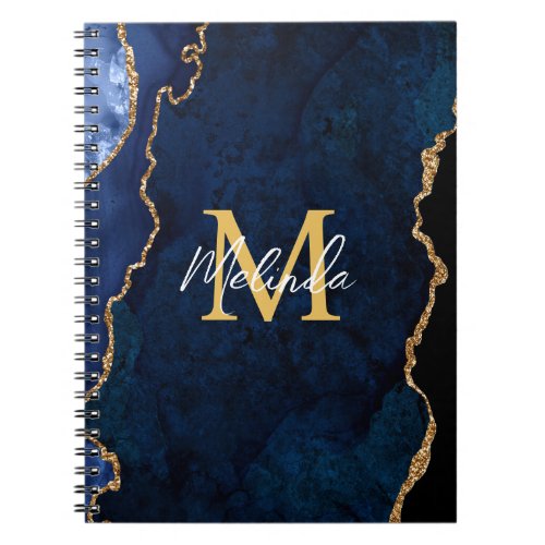 Navy Blue and Gold Marble Agate Notebook