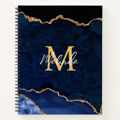 Navy Blue and Gold Marble Agate Notebook