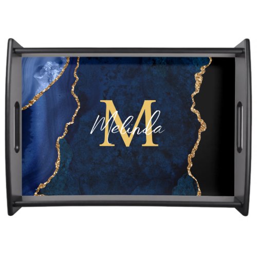 Navy Blue and Gold Marble Agate Serving Tray