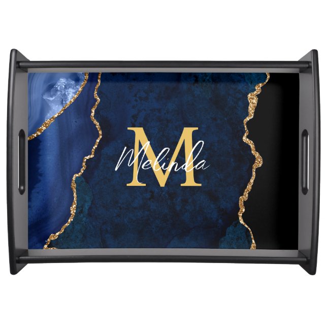 Navy Blue and Gold Marble Agate Serving Tray (Front)
