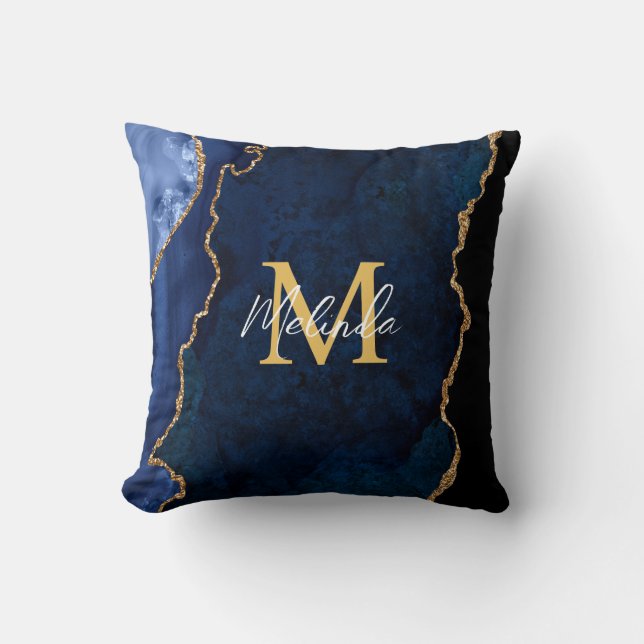 Navy Blue and Gold Marble Agate Throw Pillow (Front)