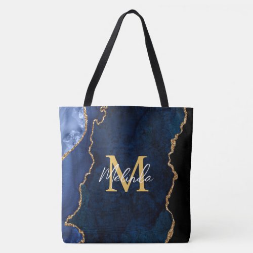 Navy Blue and Gold Marble Agate Tote Bag