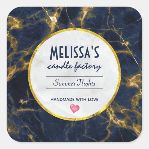 Navy Blue and Gold Marble Modern Candle Soap Square Sticker