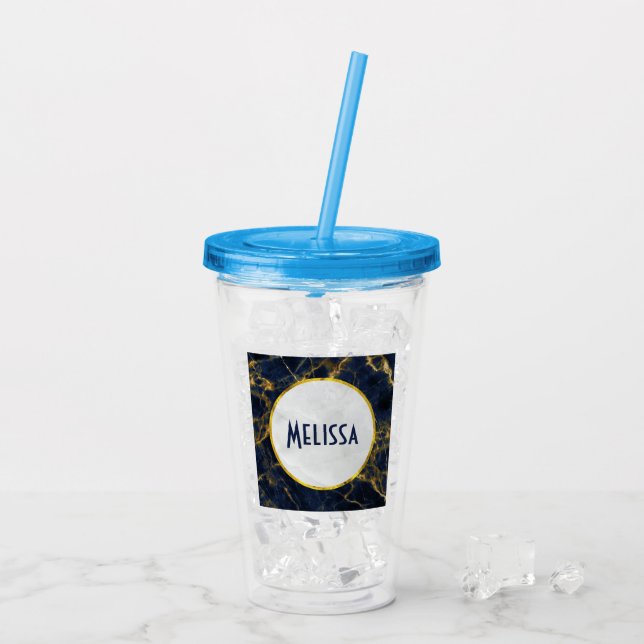 Navy Blue and Gold Marble Modern Stylish Acrylic Tumbler (Back Ice)