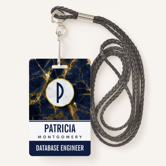 Navy Blue and Gold Marble Modern Stylish Badge (Front with Lanyard)