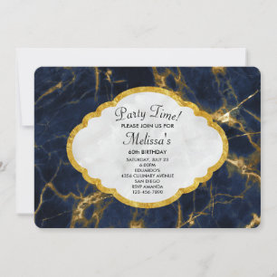 Navy Blue and Gold Marble Modern Stylish Birthday Invitation