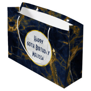 Navy Blue and Gold Marble Modern Stylish Birthday Large Gift Bag