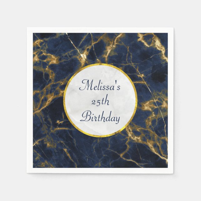 Navy Blue and Gold Marble Modern Stylish Birthday Napkins (Front)