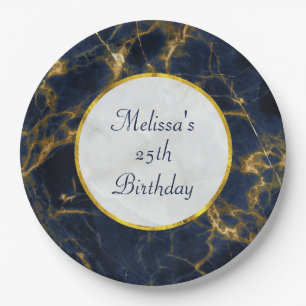 Navy Blue and Gold Marble Modern Stylish Birthday Paper Plates