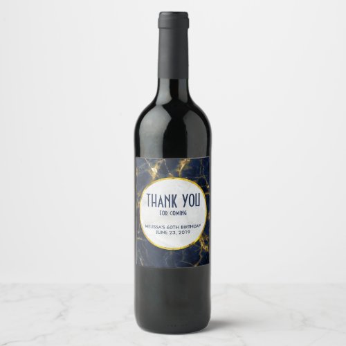 Navy Blue and Gold Marble Modern Stylish Birthday Wine Label