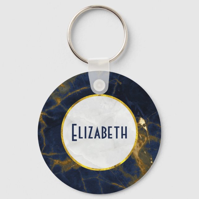 Navy Blue and Gold Marble Modern Stylish Keychain (Front)