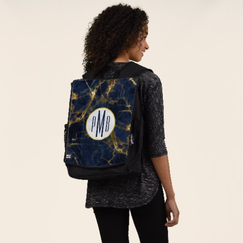 Navy Blue and Gold Marble Modern Stylish Monogram Backpack
