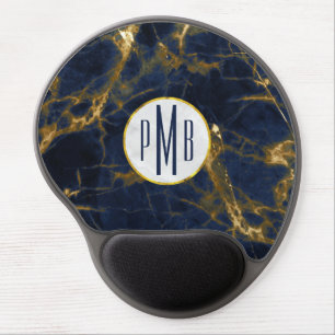 Navy Blue and Gold Marble Modern Stylish Monogram Gel Mouse Pad