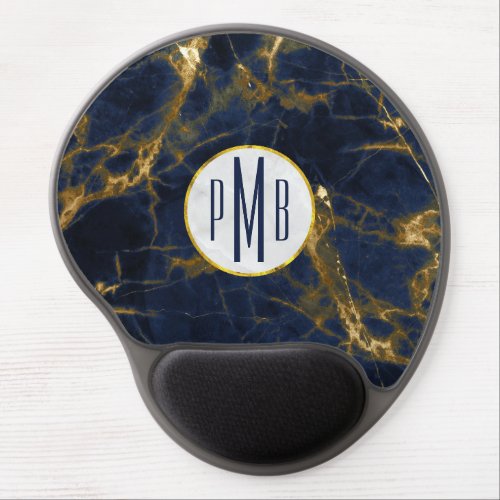 Navy Blue and Gold Marble Modern Stylish Monogram Gel Mouse Pad