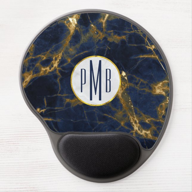 Navy Blue and Gold Marble Modern Stylish Monogram Gel Mouse Pad (Front)