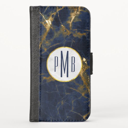 Navy Blue and Gold Marble Modern Stylish Monogram iPhone X Wallet Case