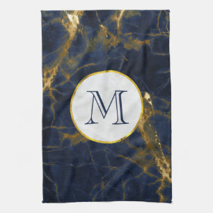 Navy Blue and Gold Marble Modern Stylish Monogram Kitchen Towel